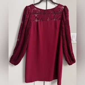 White House Black Market‎ Dress Burgundy Long Sleeve Lace Neck Womens Size 6